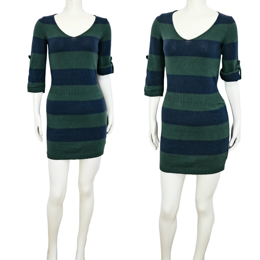 Y2K Rugby Striped Sweater Dress Tunic Bodycon Blue and Green Preppy Vintage